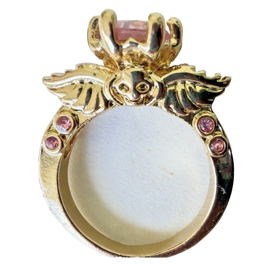 Vintage Style Pink Crystal Butterfly Fairy Skull Ring Gold Tone Statment Size 9